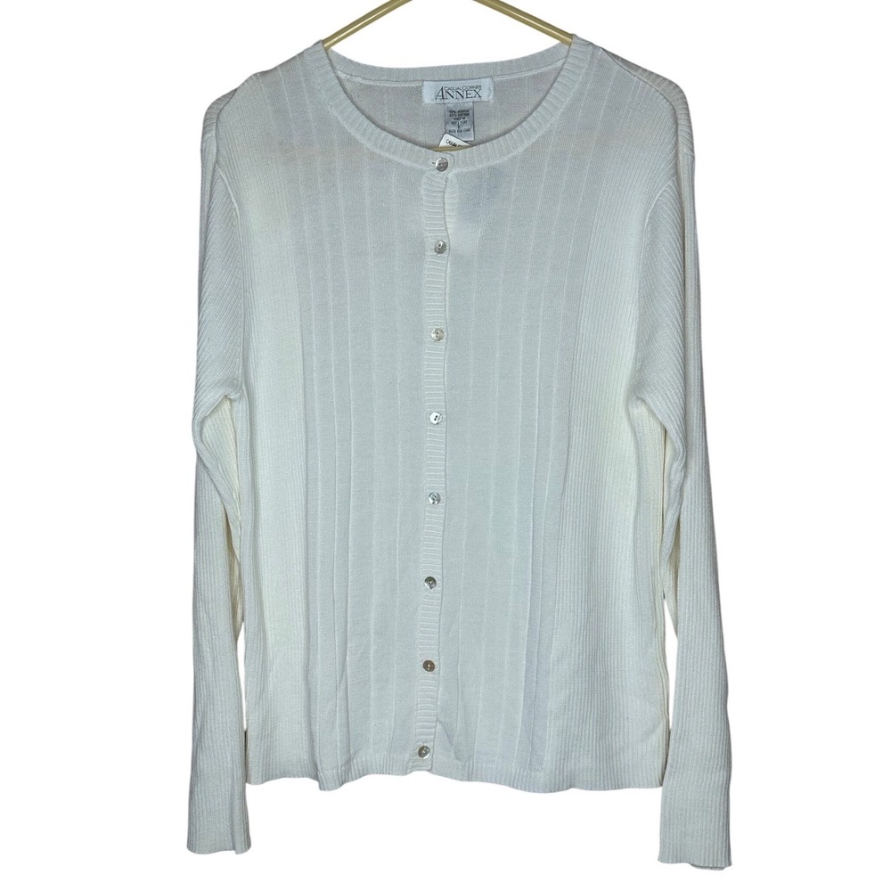 Casual Corner Annex Women Off White Ribbed Knit Button Front Cardigan Sweater L